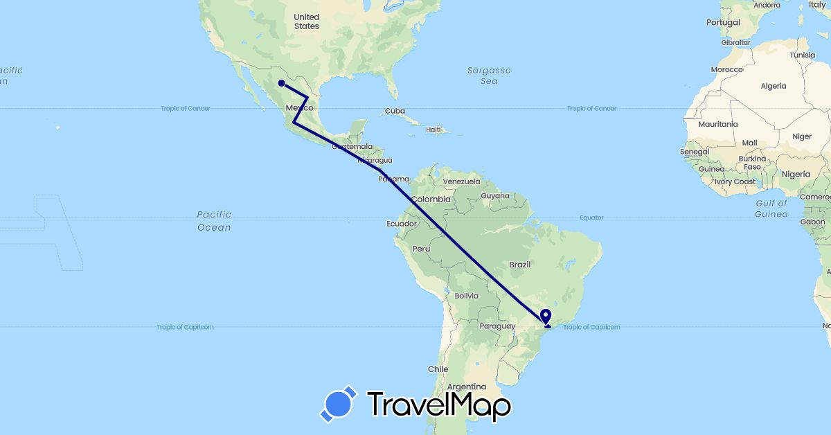 TravelMap itinerary: driving in Brazil, Costa Rica, Mexico (North America, South America)